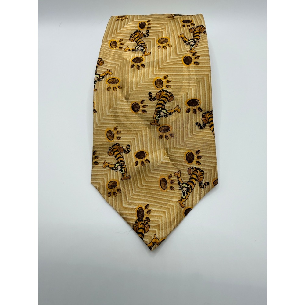 Walt Disney World Tigger Silk Tie Tan Geometric Paw Print Hand Made Necktie